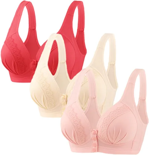 Vista 10 de Glamorette Snap Front Bra Older Women,Snap Front Bra, Sexy Lace Embroidered Bras,Pull-On Front Closure Button Bras 3 unidades de color negro.