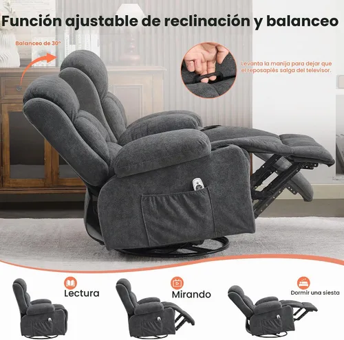 Vista 5 de Silla reclinable giratoria de masaje, reclinable ergonómico con masaje por vibración y calor, mecedora para sala de estar, sala de estar, sala
