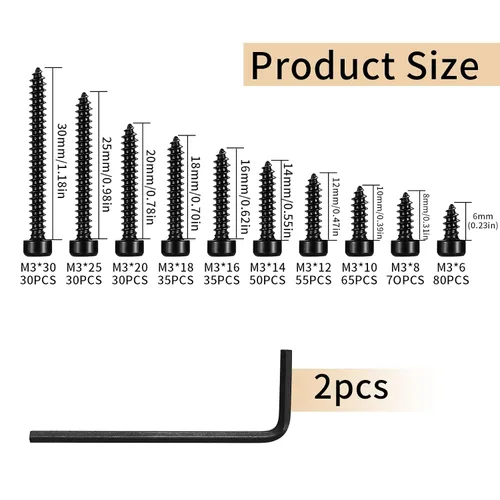 Vista 2 de Tornillos autorroscantes de cabeza hexagonal métrica, kit de surtido de 480 piezas de tornillos de cabeza hexagonal M3 de acero inoxidable, 480 negro