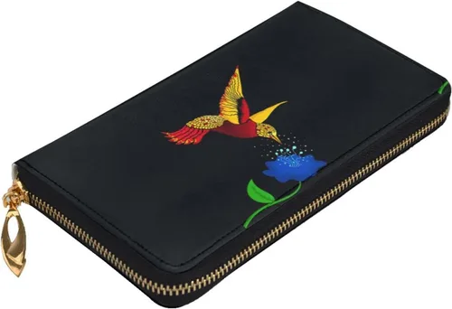Vista 4 de Cartera larga con cremallera para mujer, diseño de colibrí, color negro, tarjetero para tarjetas de crédito