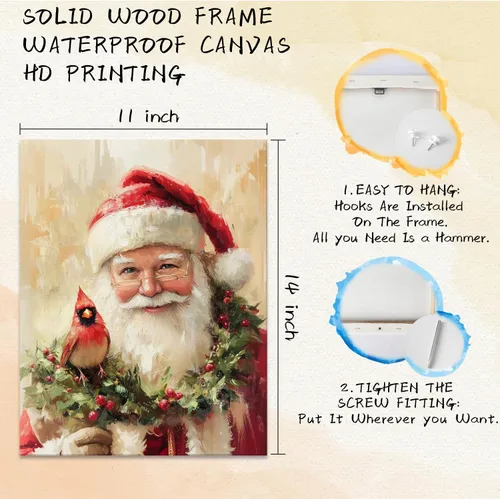 Vista 5 de Qabliqo Arte de pared enmarcado con diseño cardenal de Papá Noel, decoración rústica de pared de Navidad, vacaciones de invierno, póster de lienzo