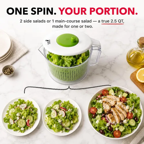 Vista 5 de Cooler Kitchen Pequeño plato giratorio para ensaladas, mini centrifugador y secadora de lechuga con tazón de taza medidora, lavadora compacta
