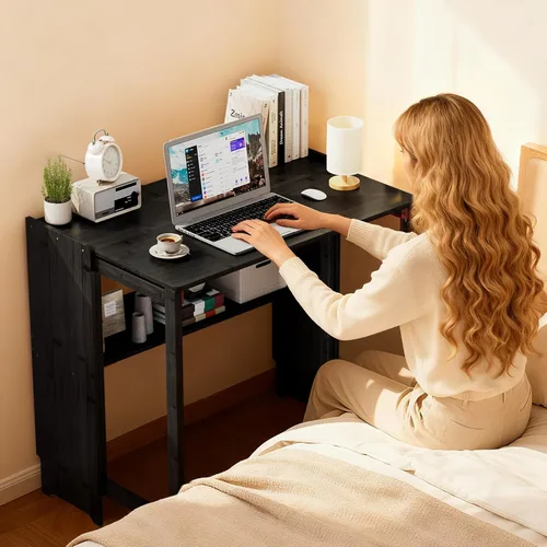Vista 9 de Escritorio plegable de bambú, escritorios plegables para espacios pequeños, escritorio pequeño de mediados de siglo con estantería para computadora