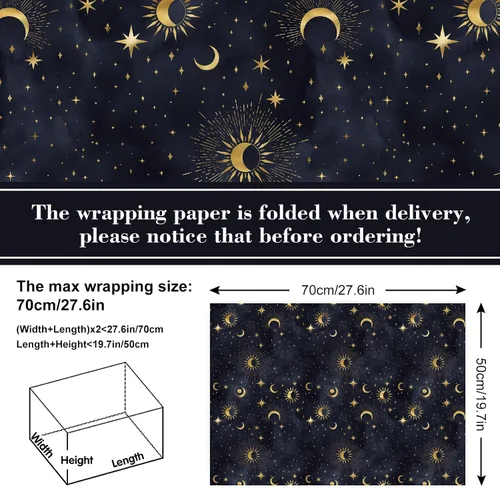 Vista 2 de 12 hojas de papel de regalo de galaxia, cielo nocturno negro, envoltura de regalo a granel, luna, estrella, papel decorativo de arte