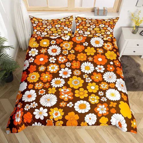 Vista 3 de Juego de ropa de cama Groovy de los años 60 y 70 para niños, funda de edredón retro de flores hippie para niños, adolescentes, vintage, bohemio