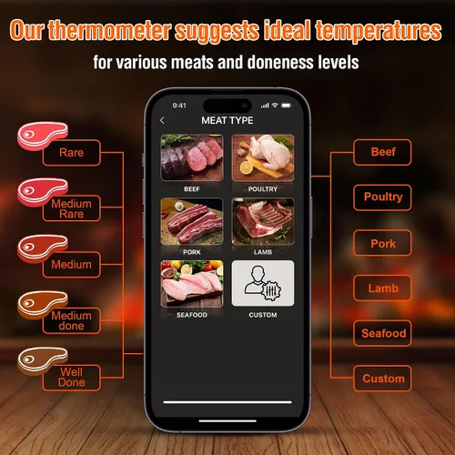Vista 6 de Termómetro de Carne Premium Inalámbrico de 4 Sondas: Perfecto para Barbacoa, Horno, Parrilla. Aplicaciones para iOS y Android, Compatible con Apple