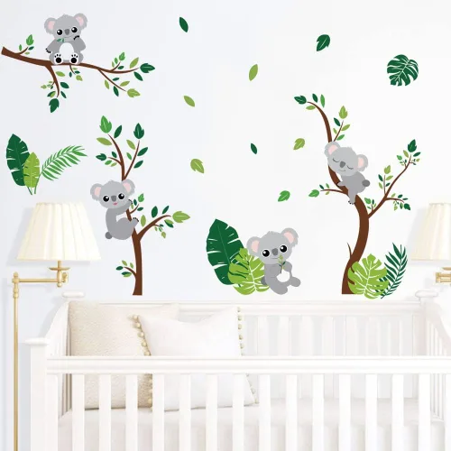 Vista 3 de Runtoo Koala - Calcomanías de pared de hojas de palmera de animales, calcomanías de pared para dormitorio de niñas, guardería, decoración de pared