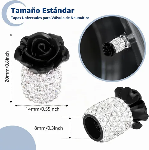 Vista 4 de Tapas brillantes para válvula de neumático 4 Pack, tapas de válvula de neumático con flores de rosa, cubiertas universales de vástago con diamantes