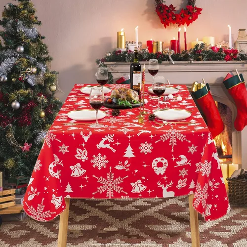 Vista 4 de UMINEUX Mantel de Navidad con reverso de franela, mantel de vinilo impermeable y lavable para fiestas de Navidad, bodas, vacaciones, decoración Alce
