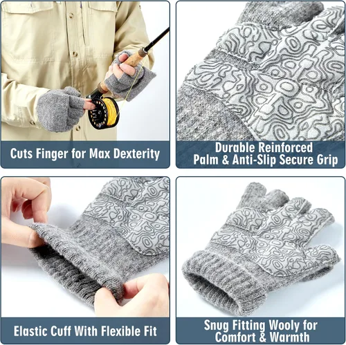 Vista 3 de Palmyth Guantes de pesca en hielo convertibles con imanes, sin dedos, de lana, abrigados para clima frío e invierno, para hombres y mujeres