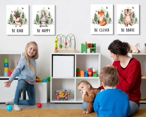 Vista 2 de Creoate Arte de pared para decoración de habitación de niños, 4 piezas de imágenes de animales lindos con citas inspiradoras, lienzo impreso, juego