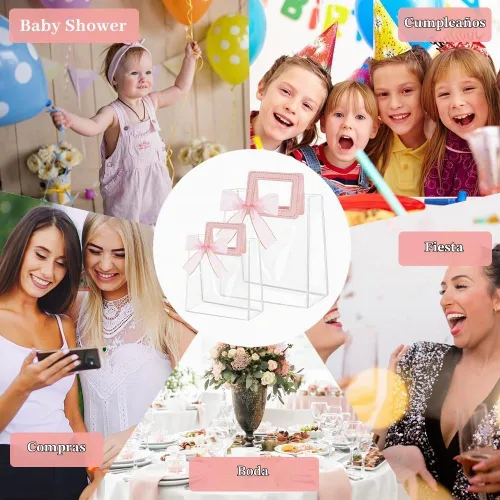 Vista 5 de 24 bolsas de regalo transparentes con asas, bolsa de regalo de PVC transparente con cinta, bolsas de compras de plástico reutilizables, bolsas de 24