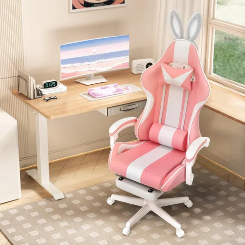 Vista 2 de Ferghana Kawaii Bunny Ears - Silla de juegos con reposapiés y masaje, silla ergonómica de cuero para juegos de computadora para niñas, adultos, Rosa
