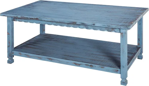 Vista 7 de Mesa de centro rectangular rústica, 42 pulgadas de ancho x 24 pulgadas de profundidad x 18 pulgadas de alto, sala de estar azul antiguo, con (1) 36