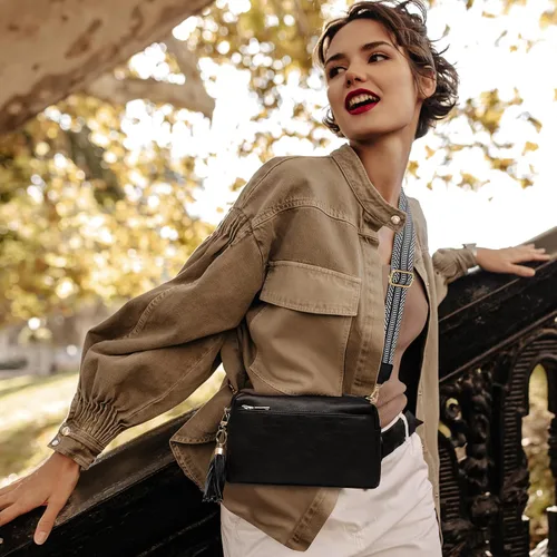 Vista 2 de Bolsos cruzados para mujer, bolso cruzado pequeño de cuero vegano, bolso de hombro para mujer con 2 correas anchas y borlas