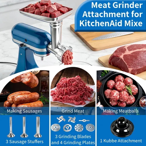 Vista 2 de KitchenAid - Molinillo de carne para batidora de pie, molinillo de alimentos de acero inoxidable con 3 tubos de relleno de salchichas, 4 placas