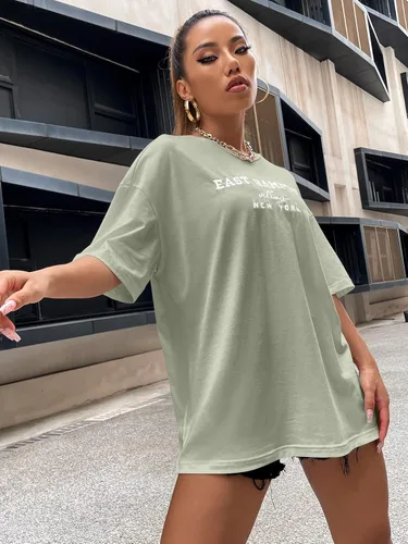 Vista 6 de COZYEASE Camiseta casual de manga corta con cuello redondo y estampado de letras para mujer