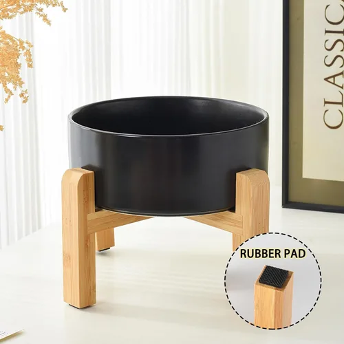 Vista 6 de Cuenco elevado de cerámica de 6 pulgadas para perros – Tazón de comida y agua para perros de 30 onzas con soporte elevado de bambú antideslizante