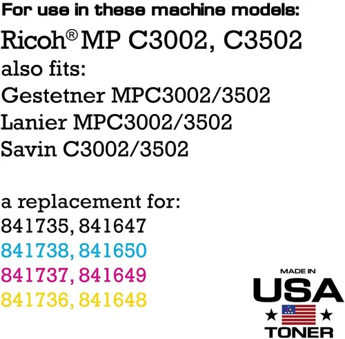 Vista 2 de MADE IN USA TONER Repuesto compatible para Ricoh Aficio Savin MP C3002 MP C3502 MPC3002 MPC3502-841735 841738 841737 841736 - Negro cian magenta