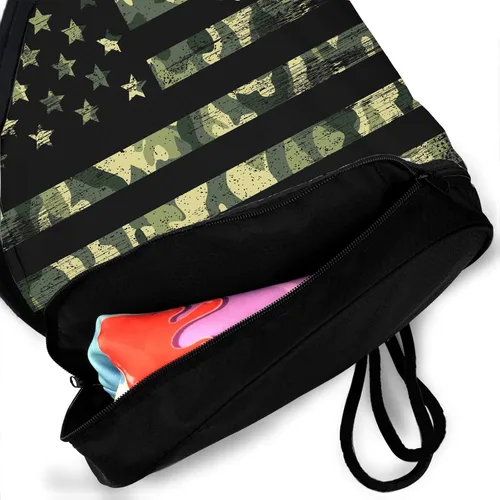 Vista 2 de D-WOLVES Bolsas de gimnasio unisex con cordón de bandera estadounidense con bolsa de camuflaje para deportes, mochila con compartimento