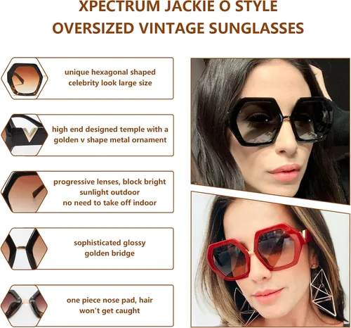 Vista 3 de Xpectrum Gafas de sol de moda extra grandes para mujer, estilo años 60, marco grueso hexagonal, gafas poligonales de gran