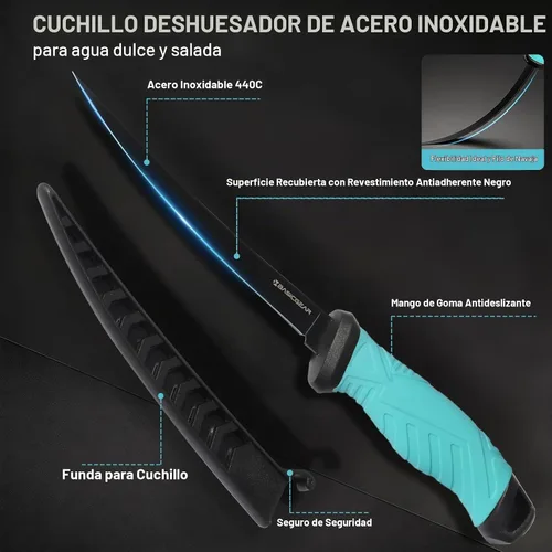 Vista 5 de BasicGear Juego de herramientas de pesca - Alicates de 7 pulgadas, pinza de labio de pez de 9.5 pulgadas, tijeras de 4.5 pulgadas, cuchillo