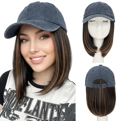 Vista 26 de SEGO - Gorra de béisbol con extensiones de cabello para mujer, resistente al calor, sintético, 6 pulgadas, ajustable, corta, recta, peluca