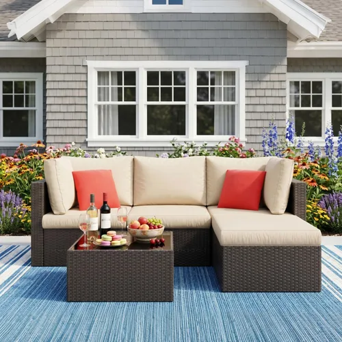 Vista 3 de Vongrasig 5 Piece Patio Furniture Sets, Outdoor Patio Set Sectional Sofa Beige