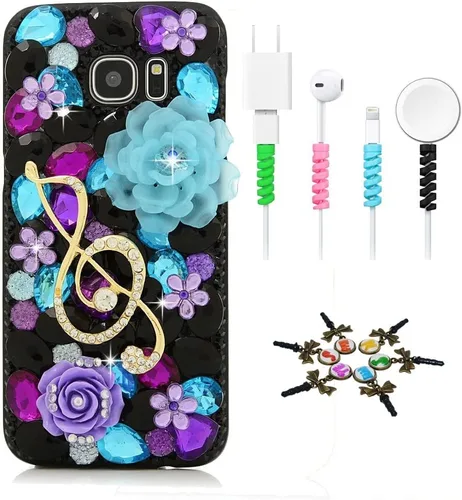 Vista 9 de Sparkle Funda compatible con Samsung Galaxy J2 Prime – Elegante funda 3D hecha a mano con diseño musical de flores grandes con protector de cable