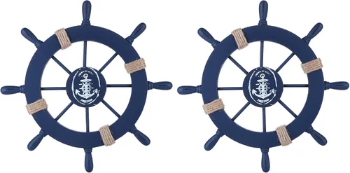 Vista 7 de Rienar Timón de barco náutico de madera para la playa con red de pesca y concha de pescado para decoración de pared en el hogar (27.9 cm de diámetro)