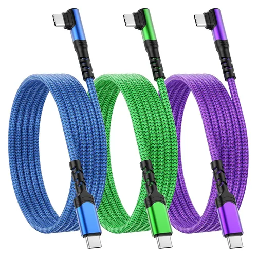 Vista 13 de Cable corto USB C a USB C de 60 W (1 pie, paquete de 3), cable USB-C trenzado de nailon de carga rápida en ángulo recto, cable de carga C de 90 Rojo