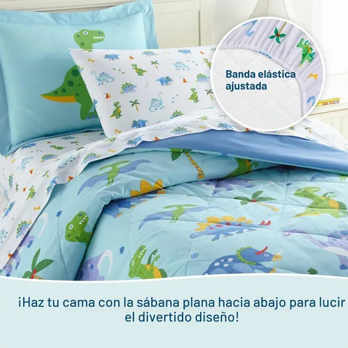 Vista 3 de Wildkin Juego de ropa de cama matrimonial de 7 piezas, edredón, sábanas y fundas de almohada 100% algodón para acurrucarse (tierra de dinosaurios)