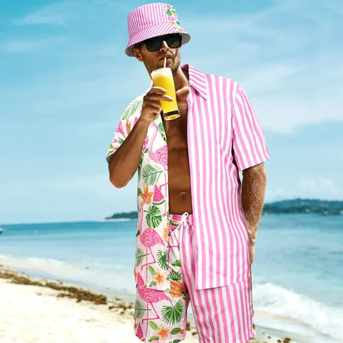 Vista 4 de Harloon Conjunto de 4 piezas de camisa hawaiana y pantalón corto para hombre, traje turístico de playa, flamenco, traje tropical, traje de cubo