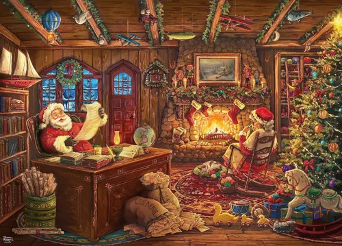 Vista 2 de Ceaco - Thomas Kinkade - Vacaciones - Santa comprobando su lista - Rompecabezas de 1000 piezas