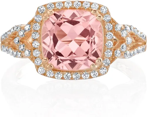 Vista 2 de PEORA Anillo de halo de plata de ley en tono rosa de morganita simulada