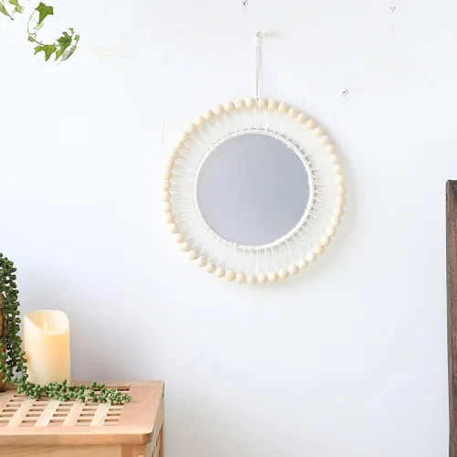 Vista 5 de Surakey Mini espejo redondo de pared con flecos bohemios macramé de 15.75 pulgadas, pequeño círculo de pared para colgar, espejo circular