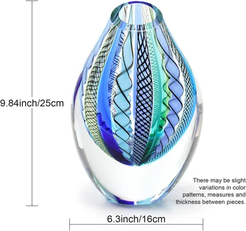 Vista 2 de Ca D Oro - Florero de cristal con bastones azules y verdes, soplado a mano, estilo Murano, modelo bajo