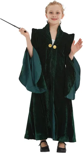 Vista 6 de Disfraz de profesor McGonagall para niños, disfraz de bruja, mago, hechicera, capa, bata de bruja para niñas, traje de Halloween