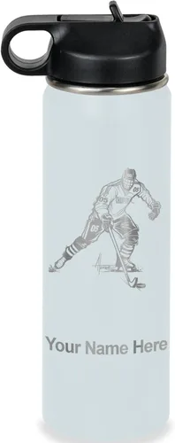 Vista 38 de LaserGram Botella de agua personalizada, jugador de hockey, acero inoxidable de doble pared aislada al vacío con popote superior, regalo grabado
