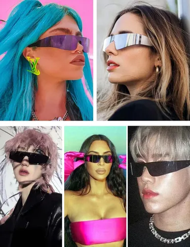 Vista 2 de MASDUN Gafas de sol envolventes futuristas sin montura para mujeres y hombres, gafas de sol Cyberpunk con visera