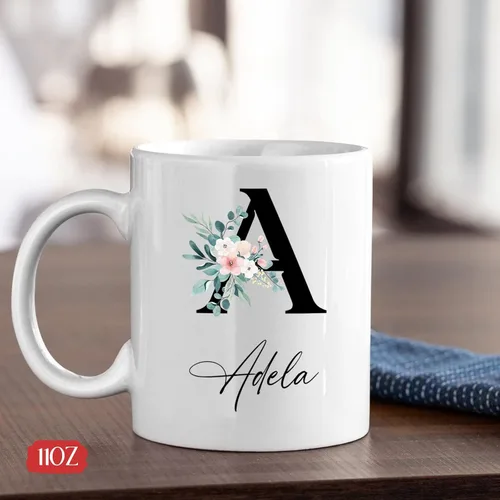 Vista 4 de Tazas de café blancas personalizadas con nombre, taza con nombre personalizado con inicial, taza de cerámica floral personalizada, regalo