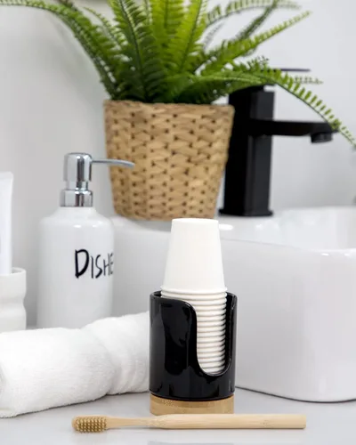 Vista 4 de Dispensador de tazas de baño de cerámica, soporte desechable de papel y plástico de 3 onzas, dispensador de tazas de enjuague bucal para baño