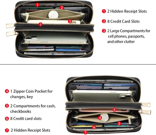 Vista 3 de GOIACII Cartera de mujer de gran capacidad con doble cremallera para mujer, soporte para teléfono con bloqueo RFID, correa de cuero