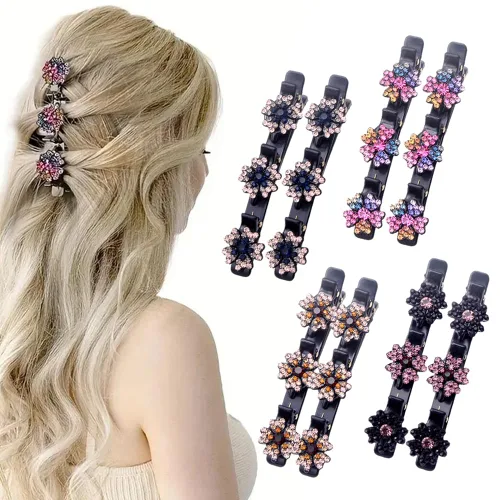 Vista 8 de 4 piezas de pinzas de pelo con cristales brillantes trenzadas para niñas, 2025 pinzas de pelo para mujeres, pinzas de pelo para cabello fino, grueso