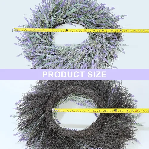 Vista 5 de Coronas de primavera de 24 pulgadas para puerta delantera, corona artificial de lavanda con letrero de bienvenida y colgador, morado