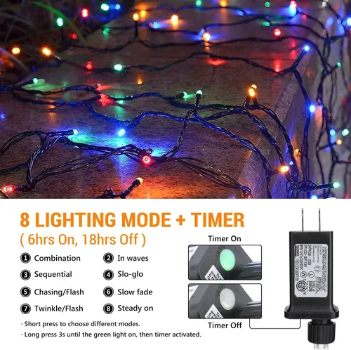 Vista 2 de Toodour Tira de luces de Navidad para exteriores, 213 pies, 600 luces LED, temporizador, impermeable, 8 modos de luz de Navidad para exteriores, luz
