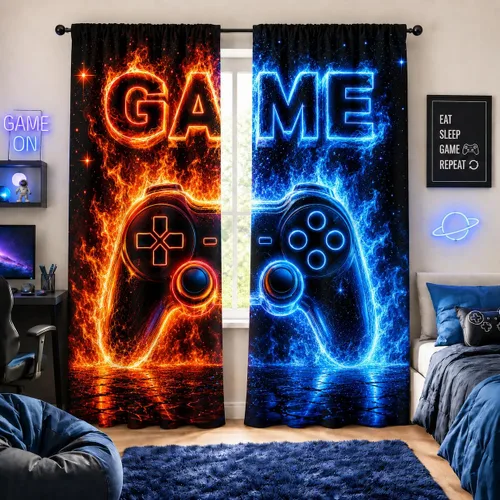 Vista 30 de Cortinas espaciales para ventana gamer con controlador de juego neón y diseño de planeta, cortinas decorativas para dormitorio, sala de juegos, sala