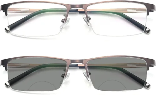 Vista 7 de Negocios Casual Hombres Ultraligero Metal Cuadrado Medio Marco Transición Bifocal Lente Gris Gafas de Lectura Presbíopes