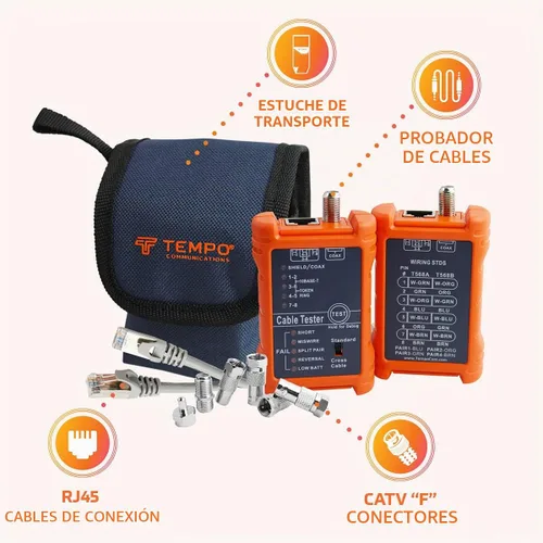 Vista 7 de TEMPO Communications PA1594 Probador de cable de red Probador de continuidad de cables LAN y AV Cables coaxiales RJ45, UTP, STP de 8 vías