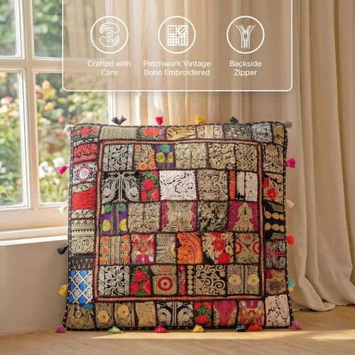 Vista 2 de THE ART BOX Almohadas de Suelo y Fundas de Cojín de Retazos de Algodón Vintage Boho Bordadas, Puf para Perros, Puf de Asiento, Almohada